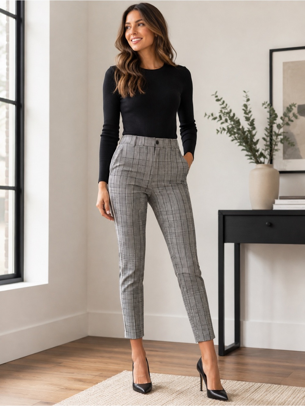 Missguided Women’s Small Black White Plaid High Rise Cigarette Pants Side Stripe